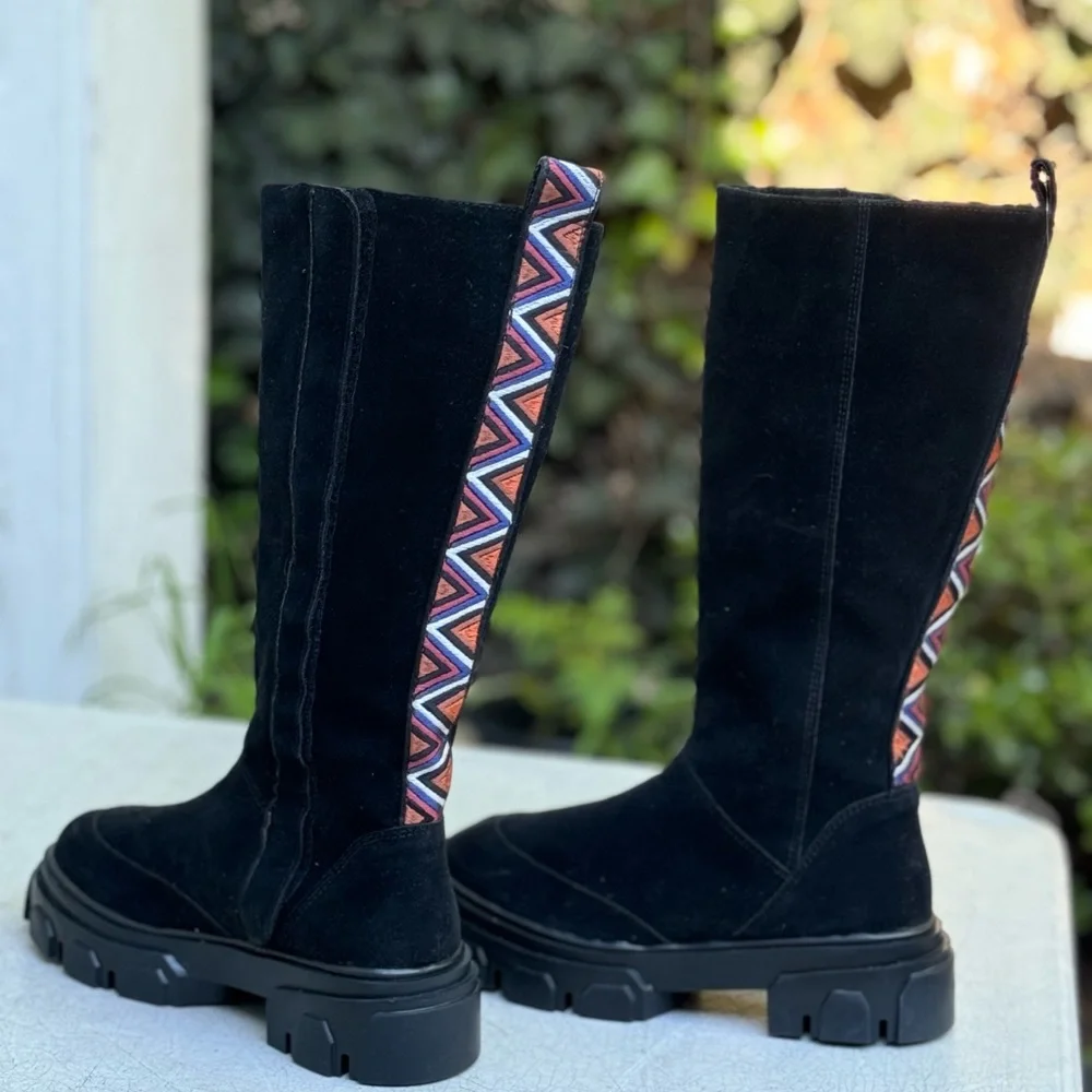 FARM Rio Black Suede Over-the-Knee Boots with Geometric Trim
